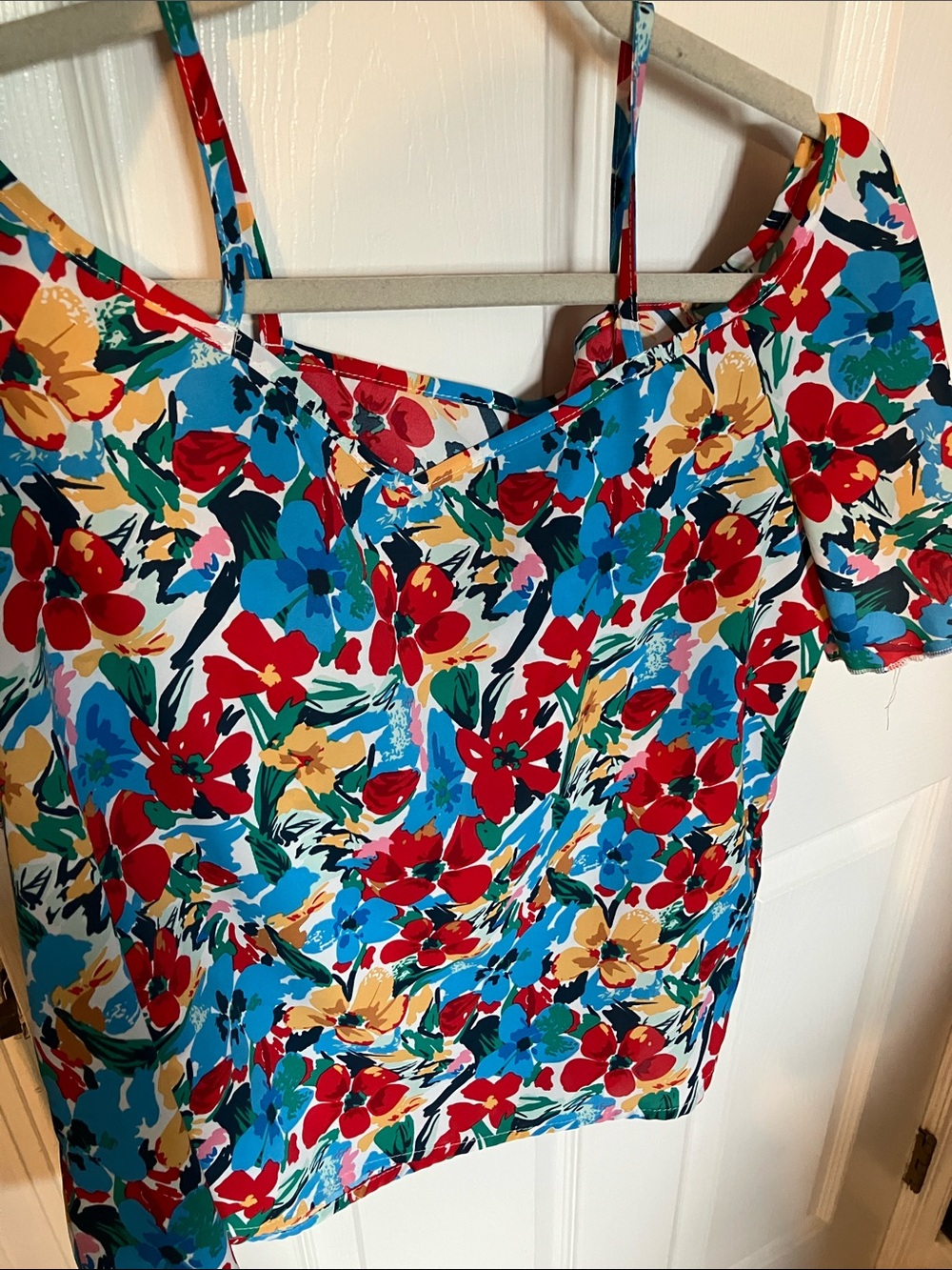 Shein Blue Red Floral Cold Shoulder Blouse Top M